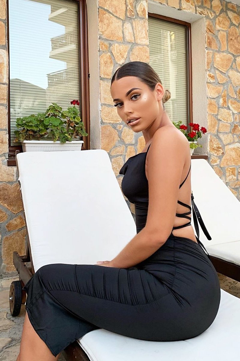 Black Satin Cowl Neck Midi Bodycon Dress - Liliana-Dresses