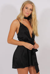 Black Satin Cross Back Choker Playsuit - Carmia-Playsuits