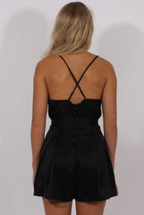 Black Satin Cross Back Choker Playsuit - Carmia-Playsuits