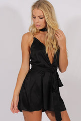 Black Satin Cross Back Choker Playsuit - Carmia-Playsuits