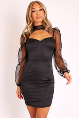 Black Satin Cut Out Mesh Long Sleeve Dress - Haillie-Dresses