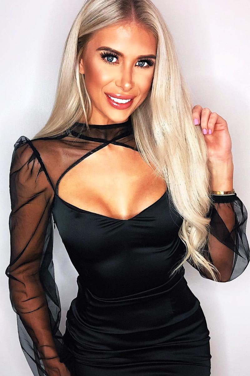 Black Satin Cut Out Mesh Long Sleeve Dress - Haillie-Dresses
