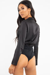 Black Satin Cut Out Tie Front Bodysuit - Ezabella-Bodysuits