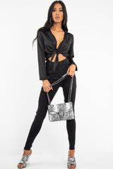 Black Satin Cut Out Tie Front Bodysuit - Ezabella-Bodysuits