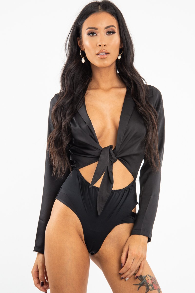 Black Satin Cut Out Tie Front Bodysuit - Ezabella-Bodysuits
