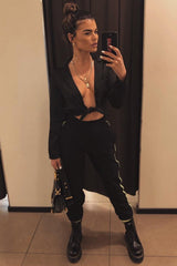 Black Satin Cut Out Tie Front Bodysuit - Ezabella-Bodysuits