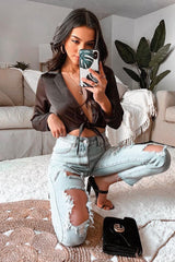 Black Satin Cut Out Tie Front Bodysuit - Ezabella-Bodysuits