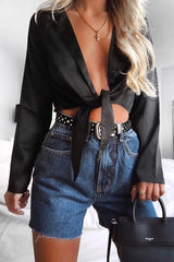 Black Satin Cut Out Tie Front Bodysuit - Ezabella-Bodysuits