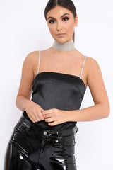 Black Satin Diamante Strap Bodysuit - Abbielee-Bodysuits