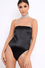 Black Satin Diamante Strap Bodysuit - Abbielee-Bodysuits