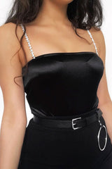 Black Satin Diamante Strap Bodysuit - Abbielee-Bodysuits