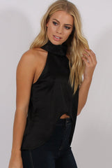 Black Satin Dipped Hem Collar Top - Davina-Tops