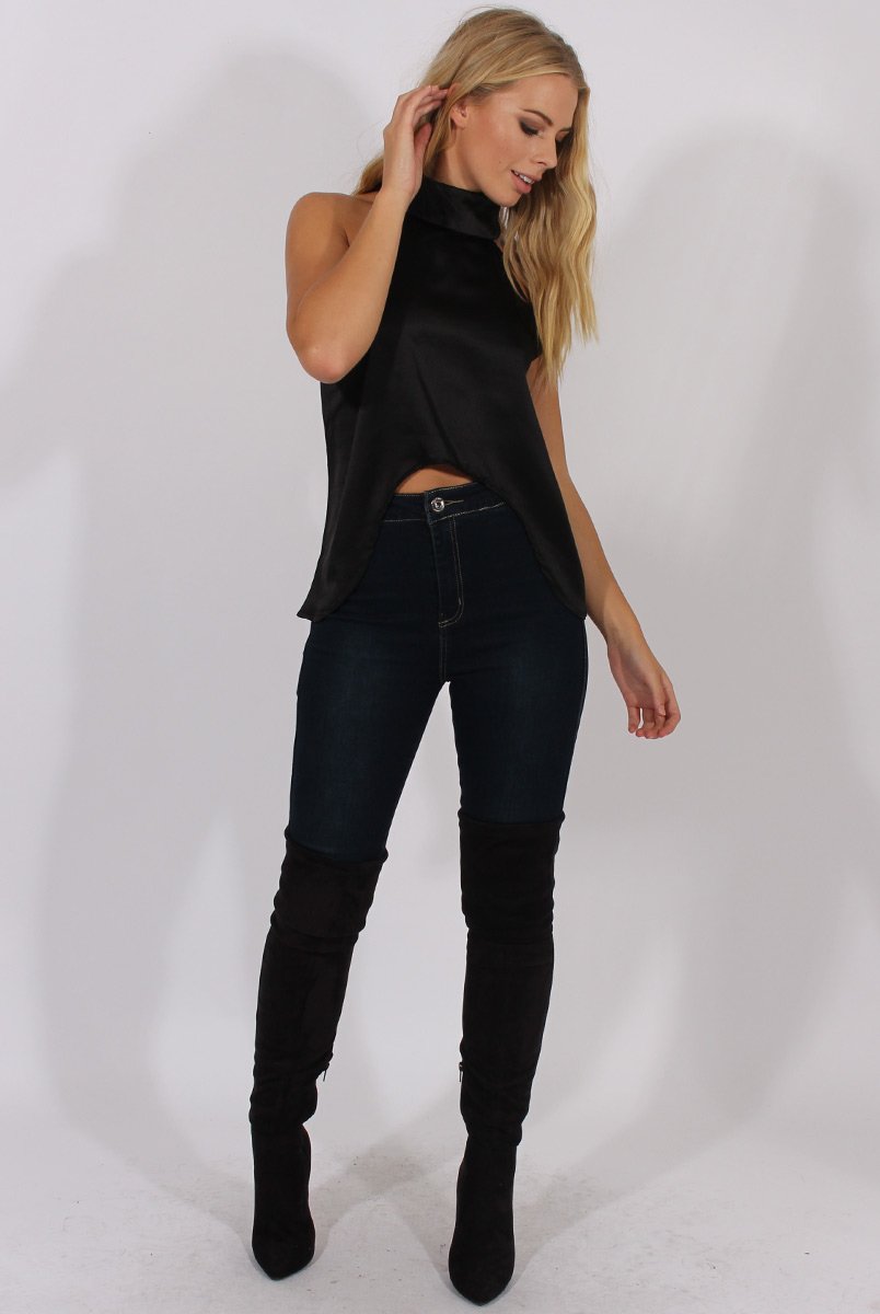 Black Satin Dipped Hem Collar Top - Davina-Tops