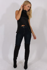 Black Satin Dipped Hem Collar Top - Davina-Tops