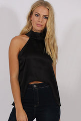 Black Satin Dipped Hem Collar Top - Davina-Tops