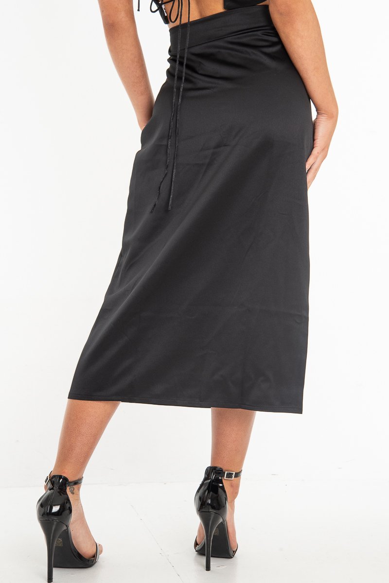 Black Satin Floaty Midi Skirt - Serafina-Skirts