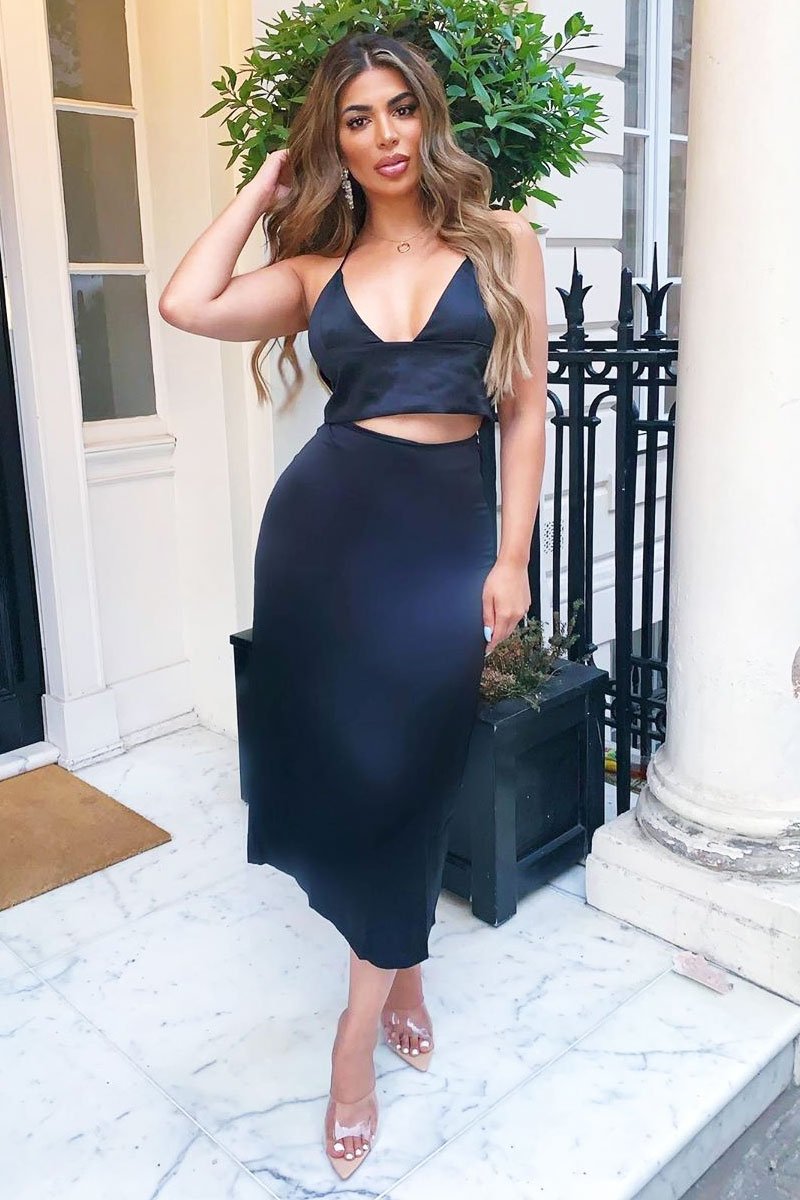 Black Satin Floaty Midi Skirt - Serafina-Skirts