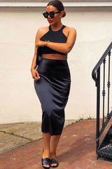 Black Satin Floaty Midi Skirt - Serafina-Skirts