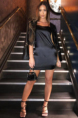 Black Satin Fold Over Cami Strap Mini Dress - Zelda-Dresses