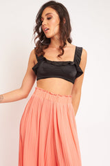Black Satin Frill Detail Cup Style Crop Top - Elani-Crop Tops
