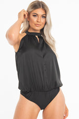 Black Satin High Neck Keyhole Detail Bodysuit - Kalina-Bodysuits