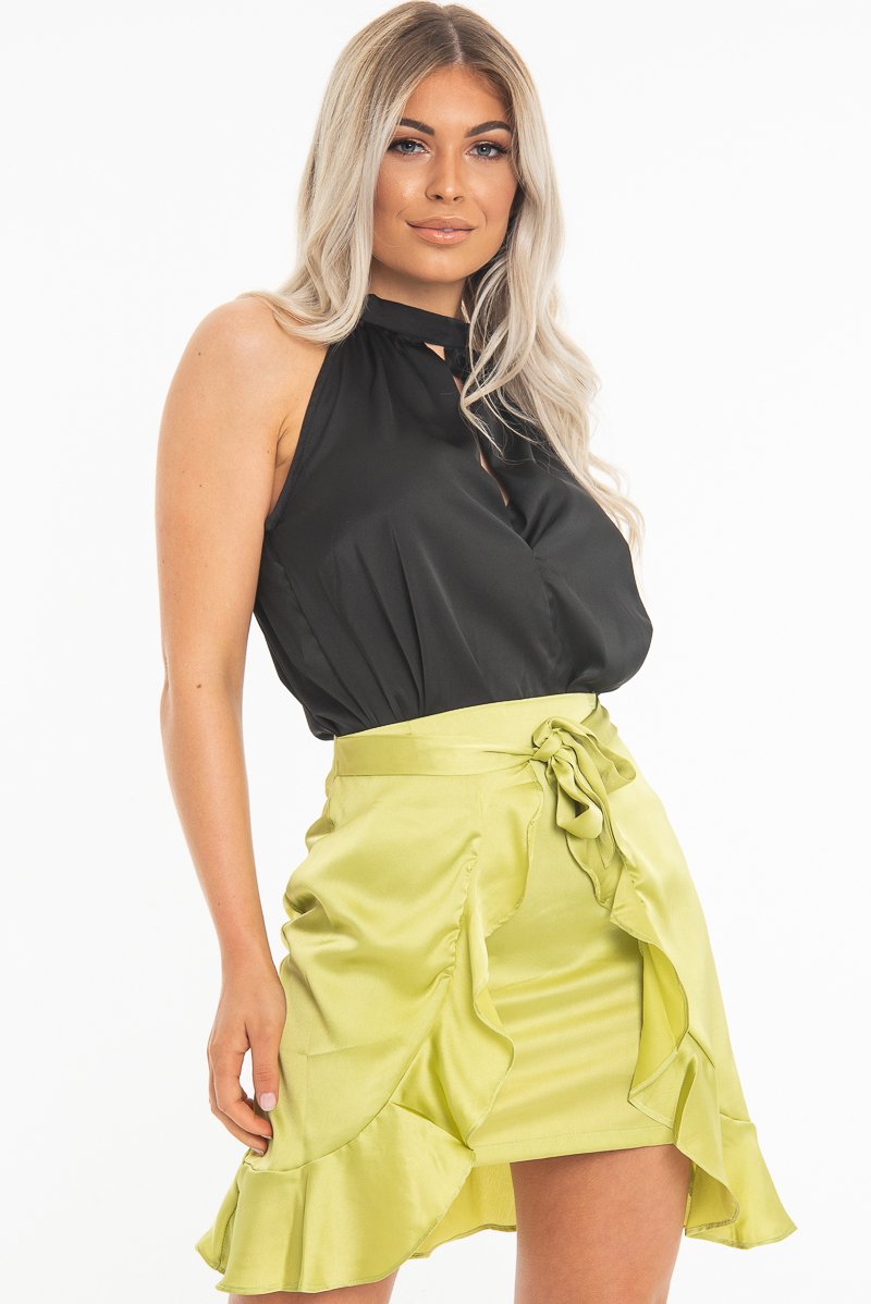 Black Satin High Neck Keyhole Detail Bodysuit - Kalina-Bodysuits