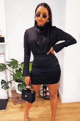 Black Satin High Neck Ruched Side Detail Dress - Rae-Dresses