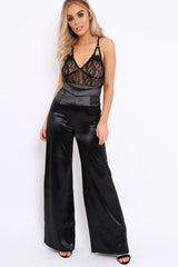 Black Satin High Waist Flare Trousers -Tisha-Trousers