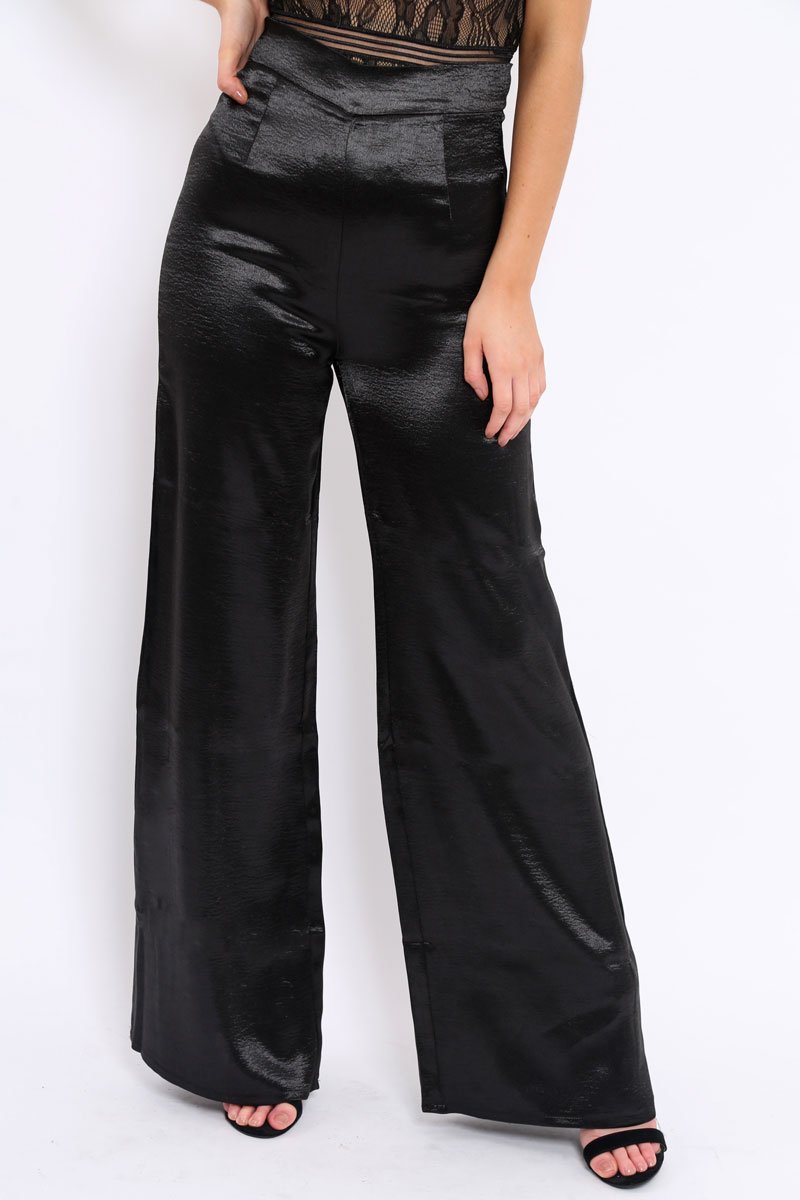 Black Satin High Waist Flare Trousers -Tisha-Trousers