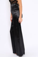 Black Satin High Waist Flare Trousers -Tisha-Trousers