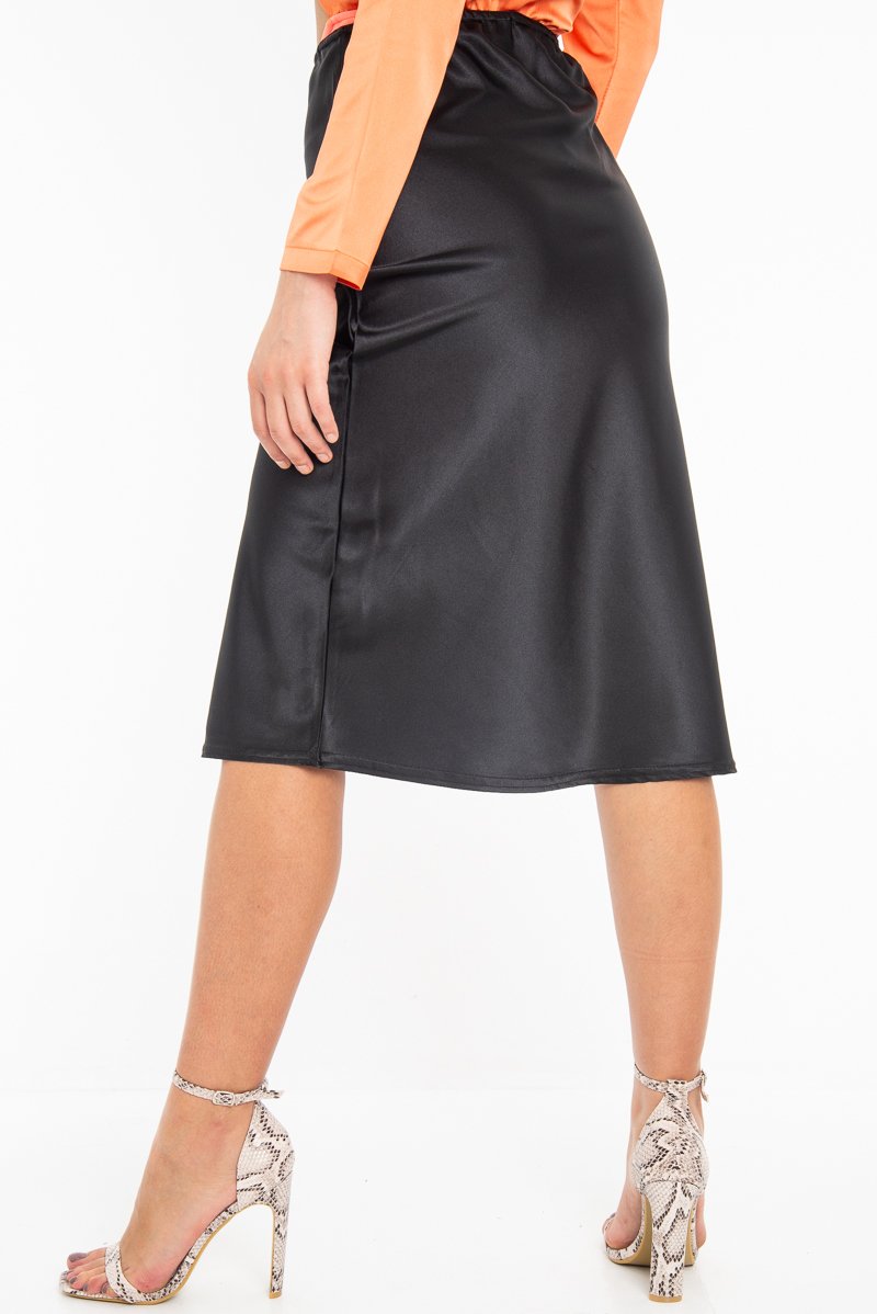 Black Satin High Waist Floaty Midi Skirt - Dasha-Skirts