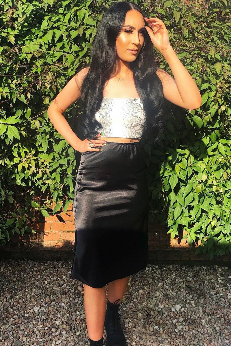 Black Satin High Waist Floaty Midi Skirt - Dasha-Skirts