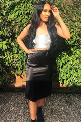 Black Satin High Waist Floaty Midi Skirt - Dasha-Skirts