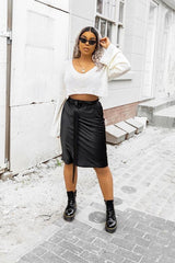 Black Satin High Waist Floaty Midi Skirt - Dasha-Skirts