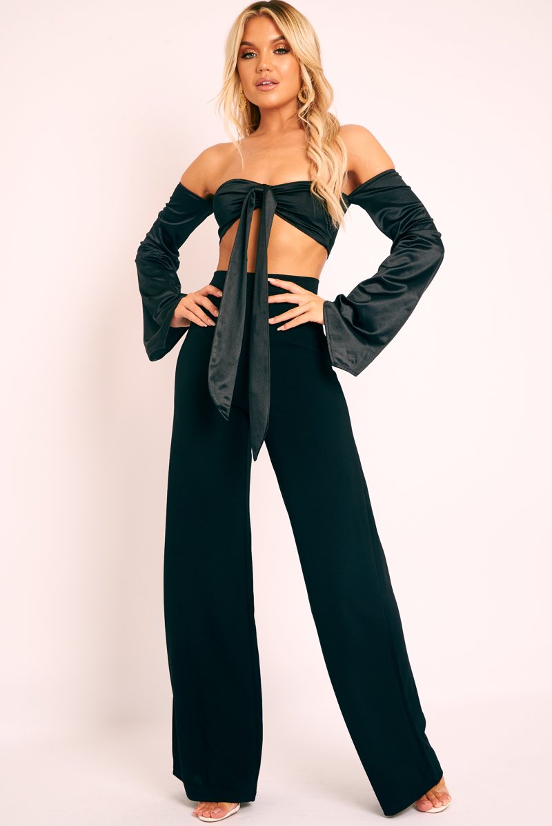 Black Satin Knotted Middle Wide Sleeve Crop Top - Madianna-Crop Tops