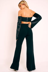 Black Satin Knotted Middle Wide Sleeve Crop Top - Madianna-Crop Tops
