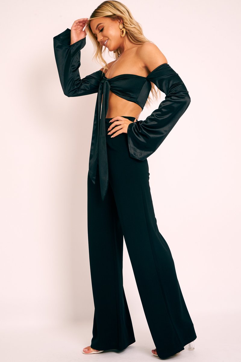 Black Satin Knotted Middle Wide Sleeve Crop Top - Madianna-Crop Tops