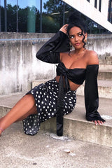 Black Satin Knotted Middle Wide Sleeve Crop Top - Madianna-Crop Tops