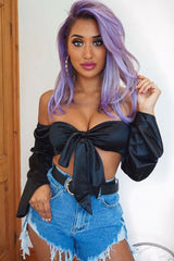 Black Satin Knotted Middle Wide Sleeve Crop Top - Madianna-Crop Tops