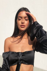 Black Satin Knotted Middle Wide Sleeve Crop Top - Madianna-Crop Tops