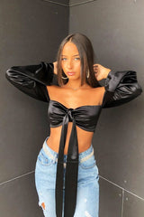Black Satin Knotted Middle Wide Sleeve Crop Top - Madianna-Crop Tops