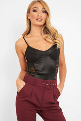 Black Satin Lace Cut Out Bodysuit - Aleiya-Bodysuits