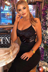 Black Satin Lace Cut Out Bodysuit - Aleiya-Bodysuits