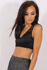 Black Satin Lace Trim Crop Top - Atlanta-Crop Tops
