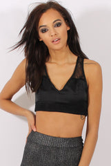 Black Satin Lace Trim Crop Top - Atlanta-Crop Tops