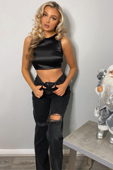 Black Satin Lace Up Back Crop Top - Esti