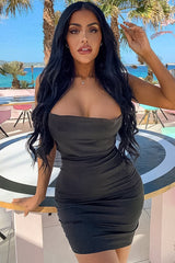 Black Satin Lace Up Bodycon Mini Dress - Sira-Dresses