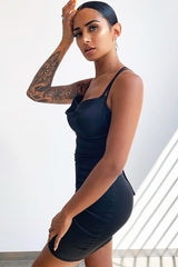 Black Satin Lace Up Bodycon Mini Dress - Sira-Dresses