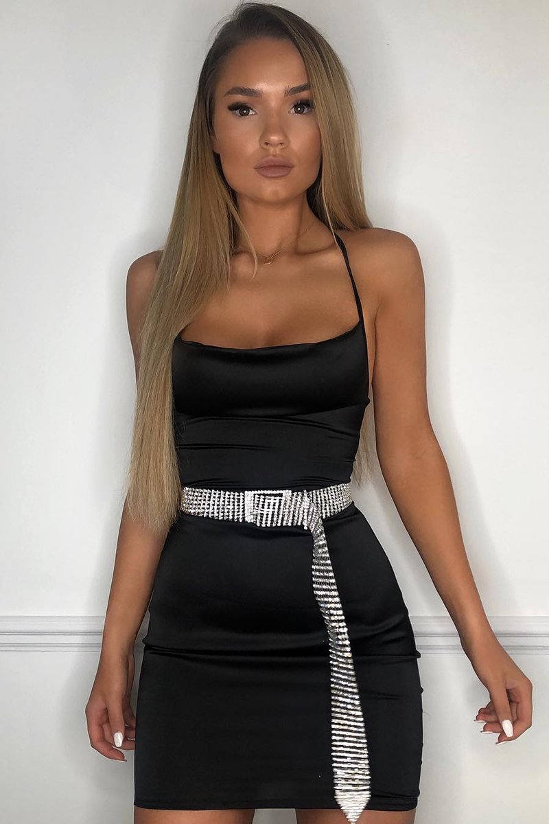 Black Satin Lace Up Bodycon Mini Dress - Sira-Dresses