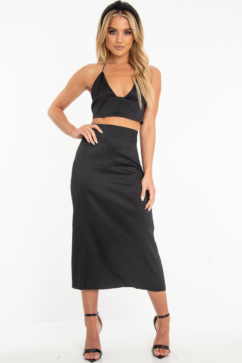 Black Satin Lace Up Plunge Triangle Bralet - Tabby-Crop Tops